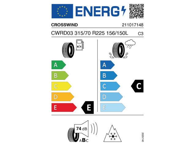 Anvelopa NOUA M+S* Regional 315/70R22.5 Crosswind CW-RD03 156/150L (154/150M) 18PR - E, C, B 74dB Tractiune Anvelopa NOUA M+S* Regional 315/70R22.5 Crosswind CW-RD03 156/150L (154/150M) 18PR - E, C, B 74dB Tractiune