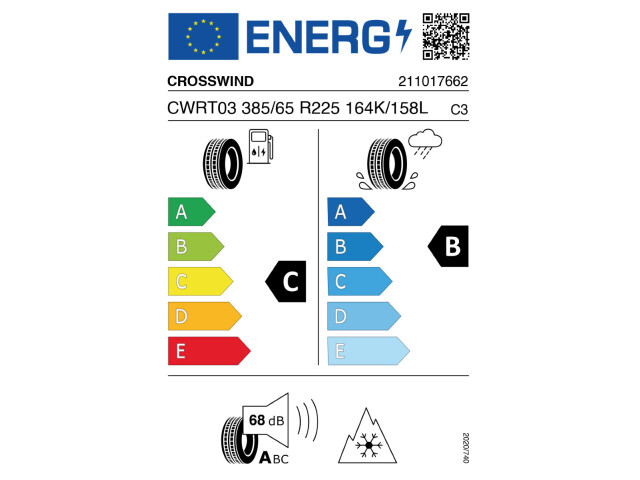 Anvelopa NOUA M+S* Regional 385/65R22.5 Crosswind CW-RT03 164 K (158 L) 24PR - C, B, A 68dB Remorca Anvelopa NOUA M+S* Regional 385/65R22.5 Crosswind CW-RT03 164 K (158 L) 24PR - C, B, A 68dB Remorca